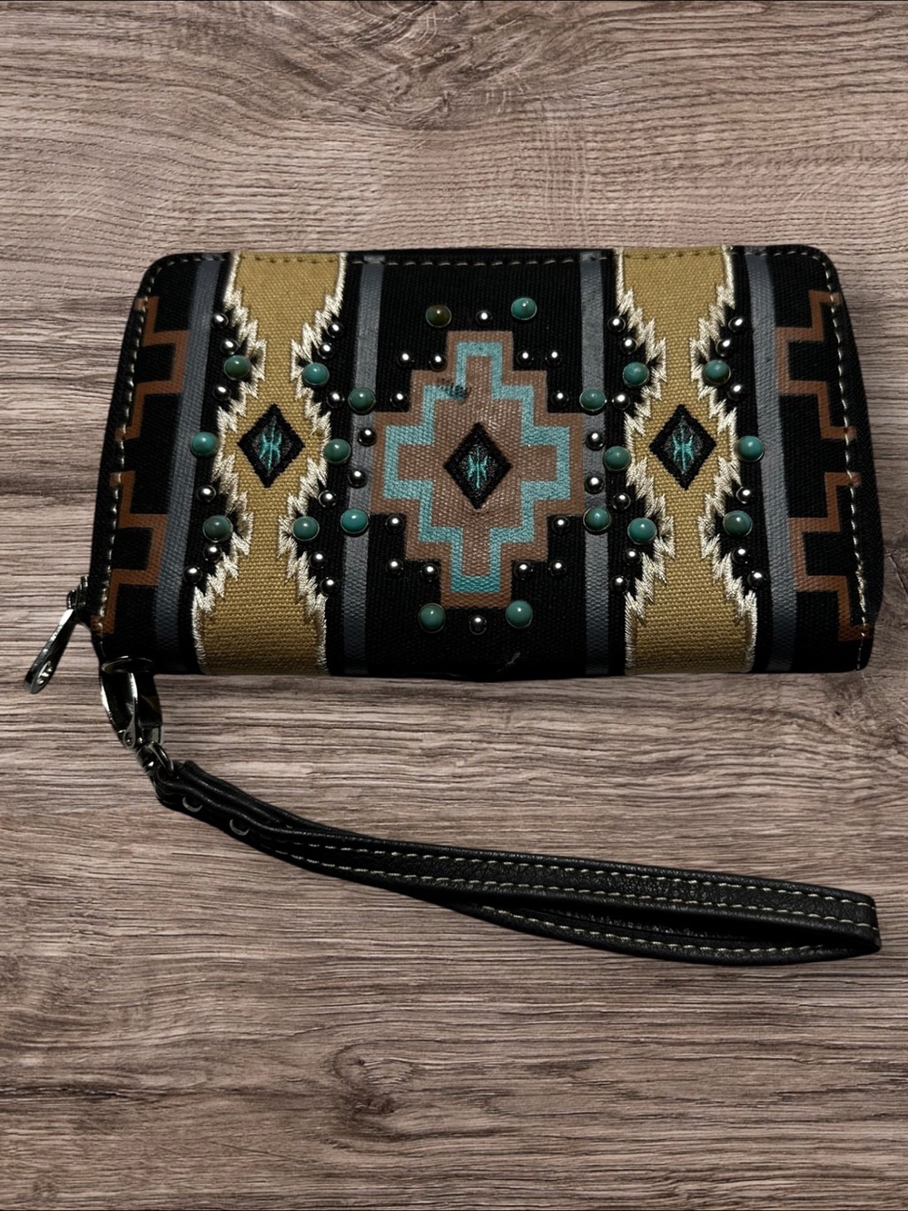 Montana West Southwestern Tribal Aztec Studded Wristlet Wallet Turquoise Black